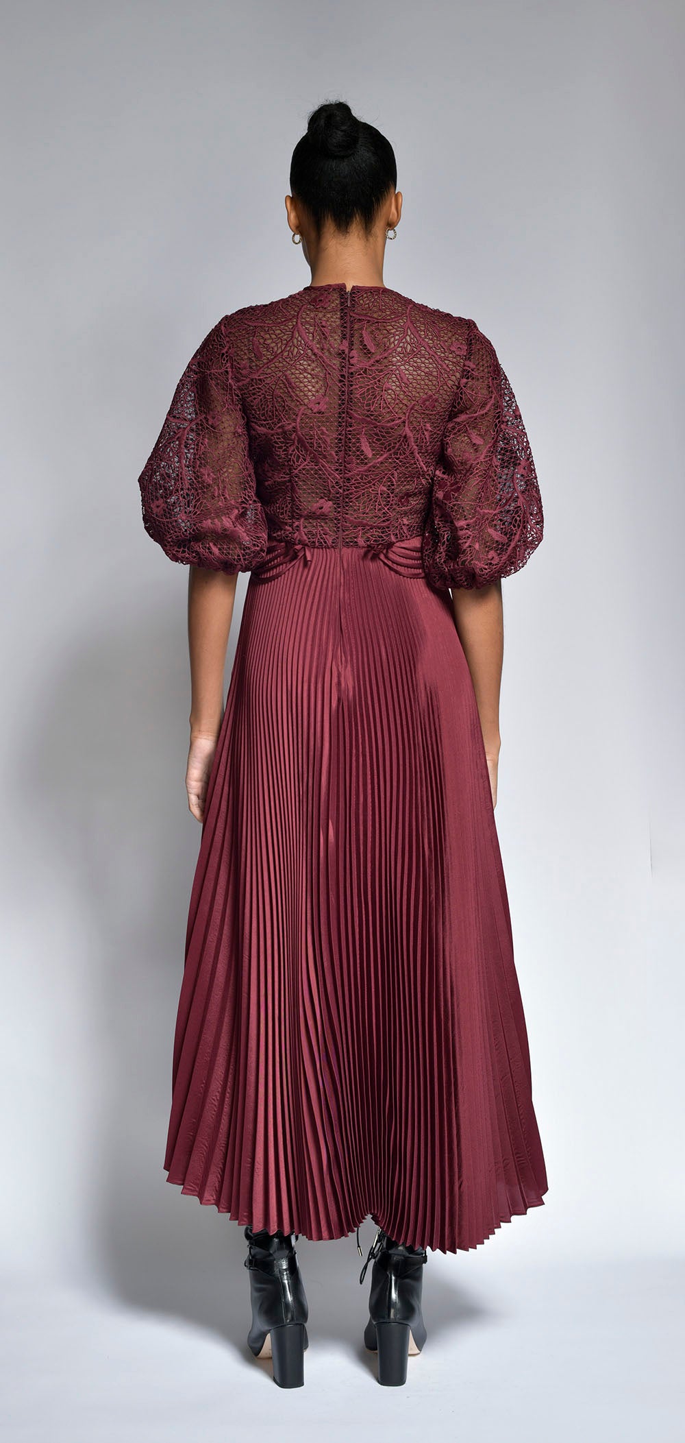 Claret Cluny Dress with Pleated Twill Skirt