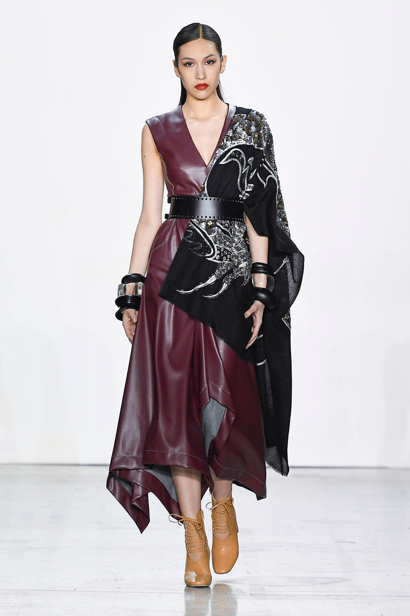 hanifa raven vegan leather dress Claret with Handkerchief Hem pink party dress