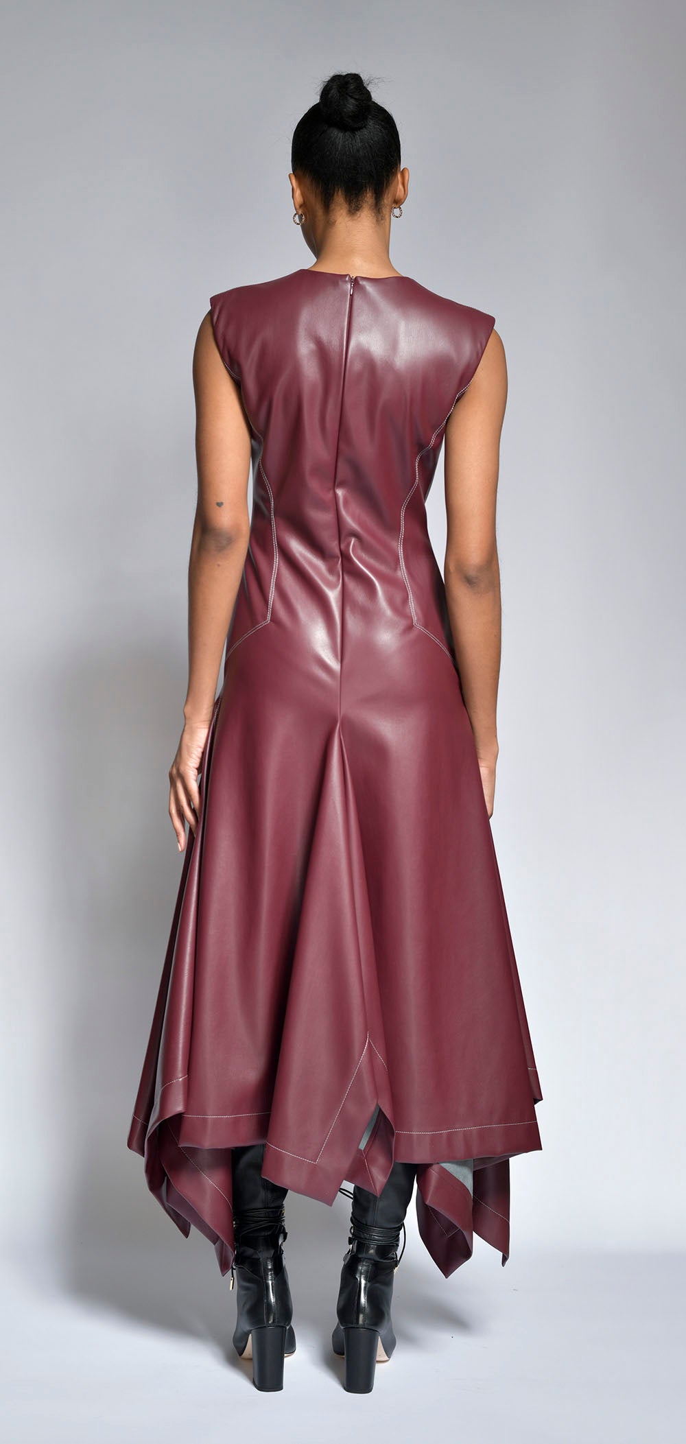 Claret Vegan Leather Dress with Handkerchief Hem