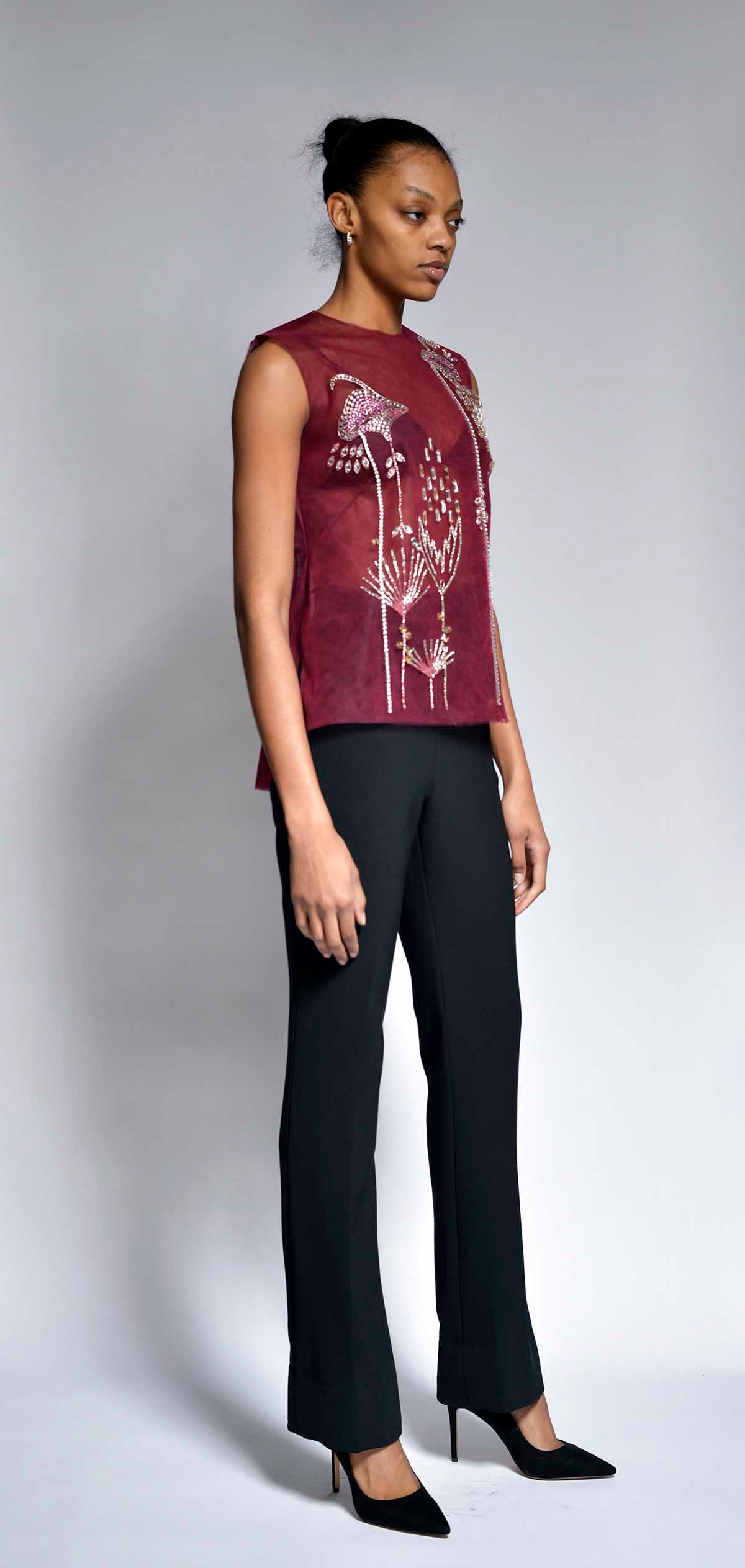 Deco Petal Embroidery Tulle Boxy Top with Velvet Rope Detail