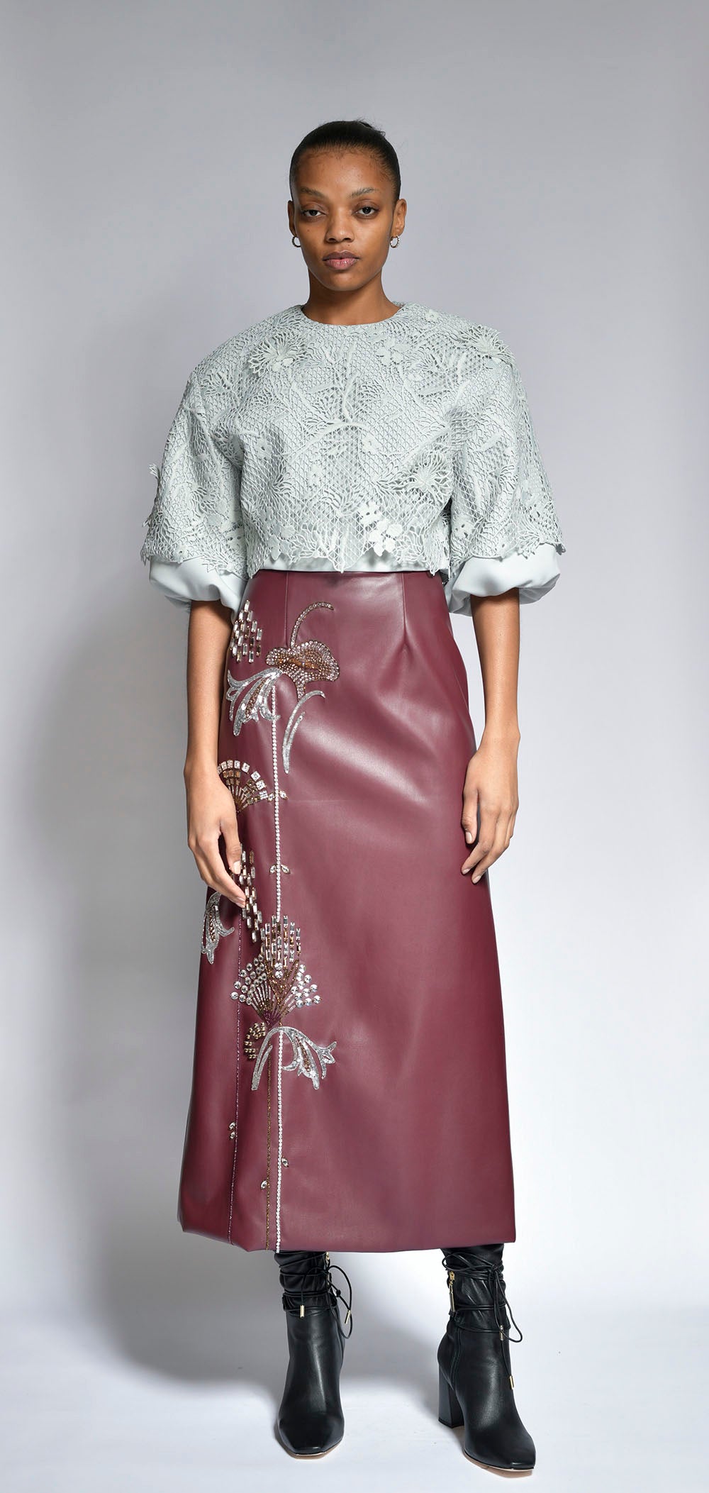 Claret Vegan Leather Deco Petal Embroidered Skirt