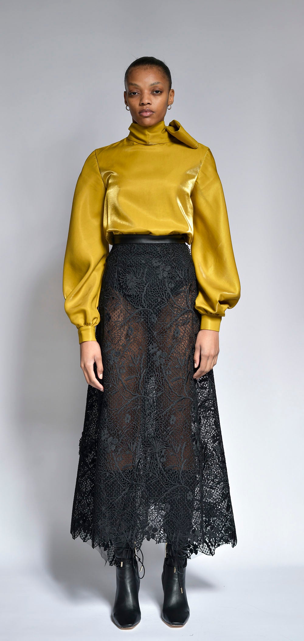 Onyx Cluny Lace Skirt with Vegan Leather Waistband