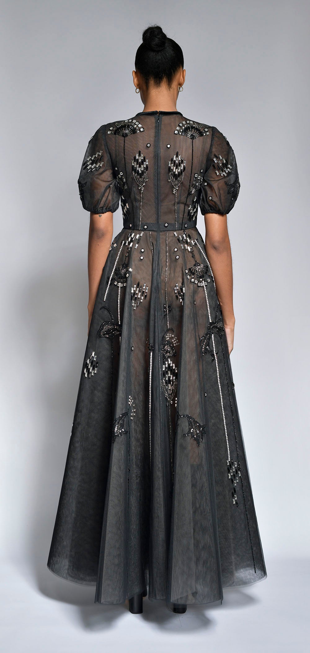 Onyx Deco Petal Embroidered Tulle Gown with Lantern Sleeves