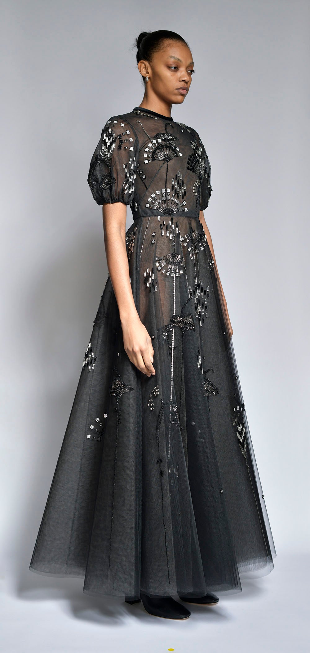 Onyx Deco Petal Embroidered Tulle Gown with Pouf Sleeves