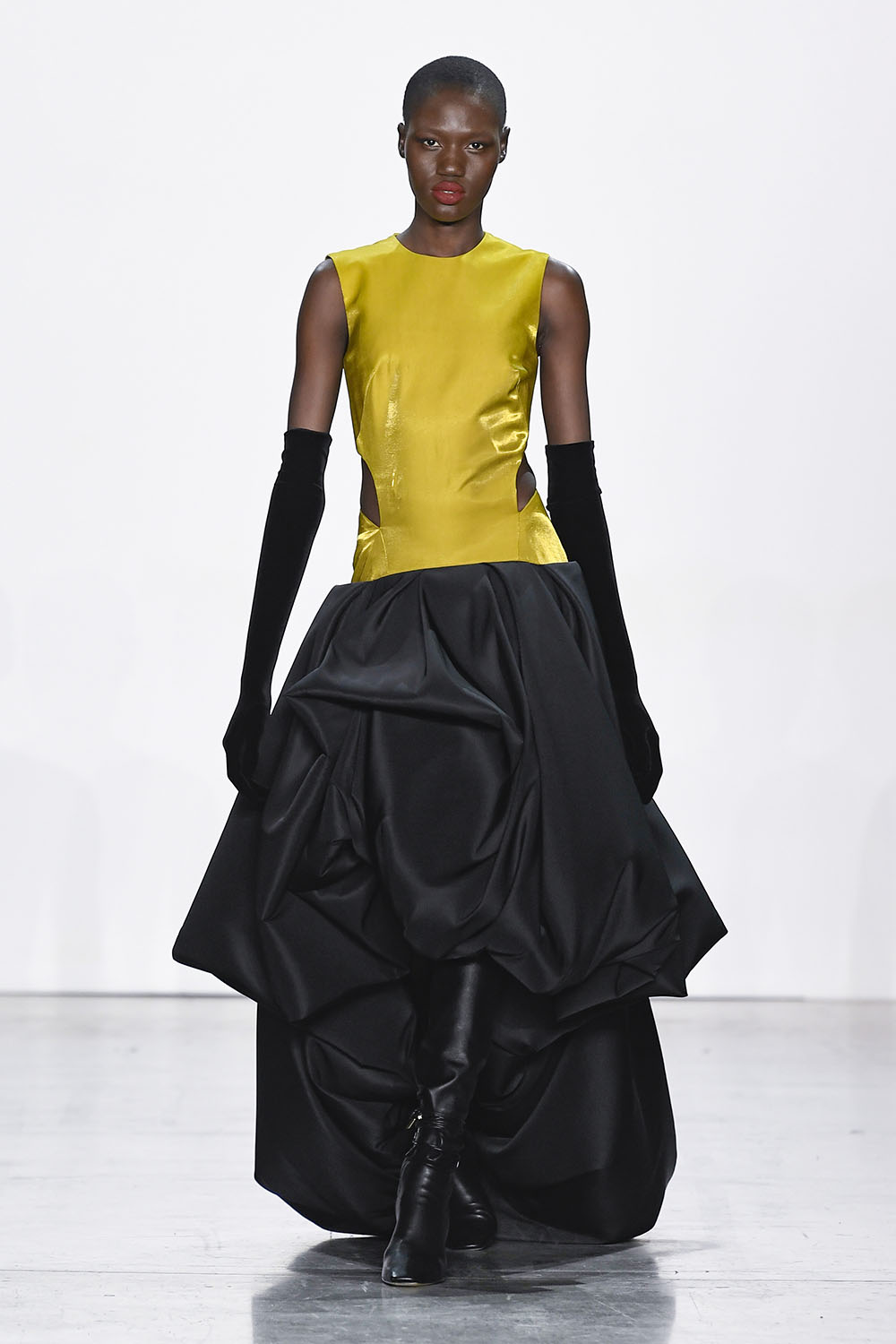 Chartreuse Metal Twill Gown with Onyx Faille Bloom Skirt