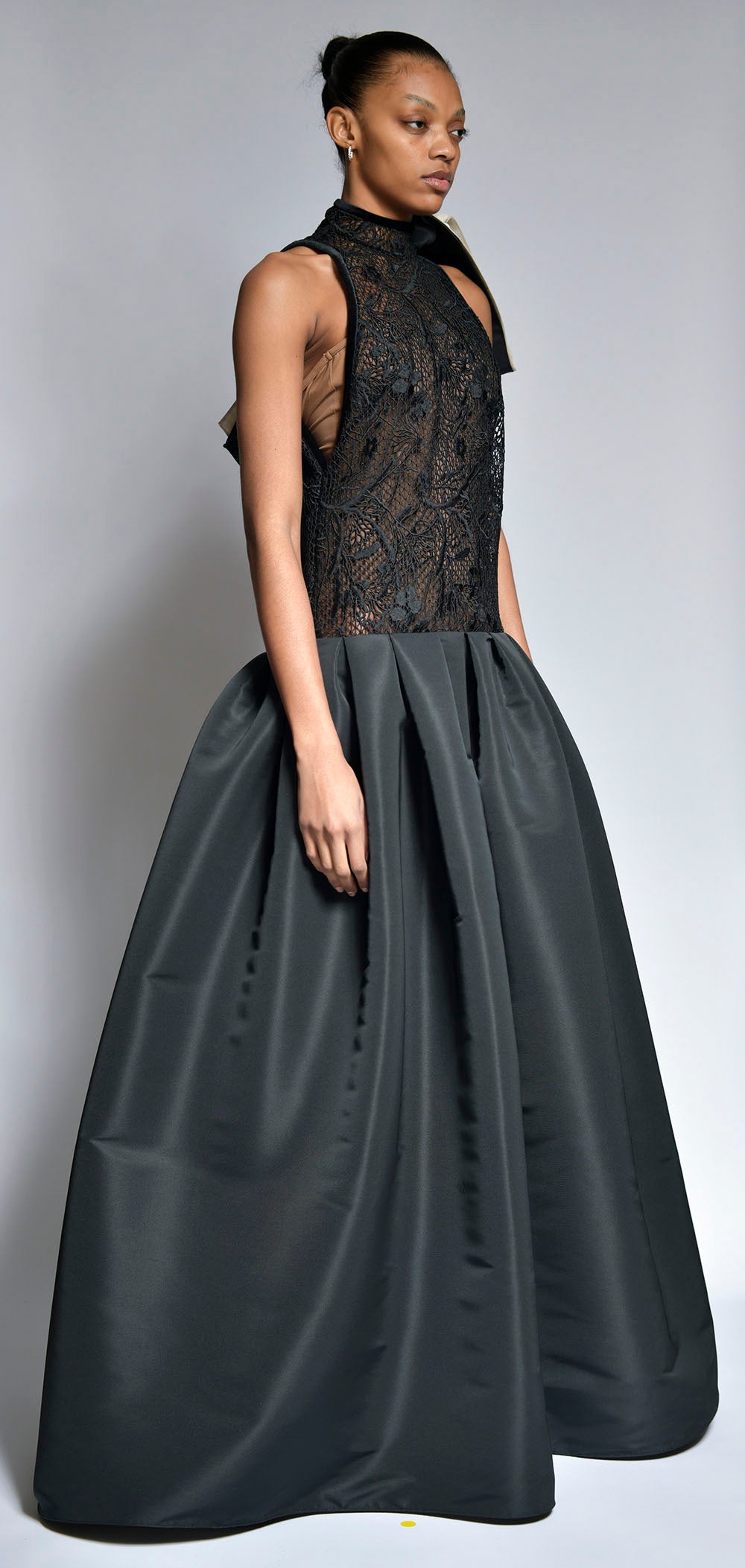 Onyx Cluny Lace Trapeze Gown with Faille Skirt and Bow Detail