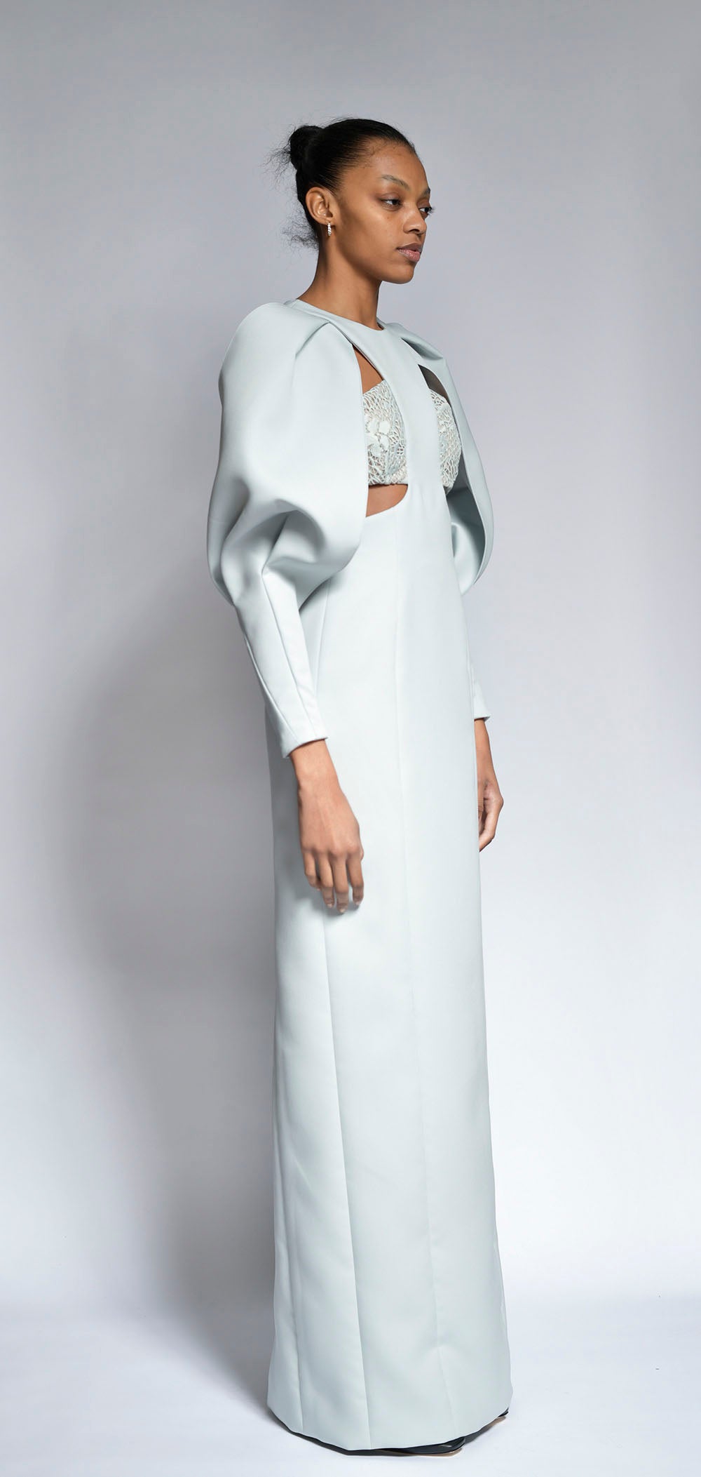Cloud Cady and Cluny Lace Gown with Draped Sleeves