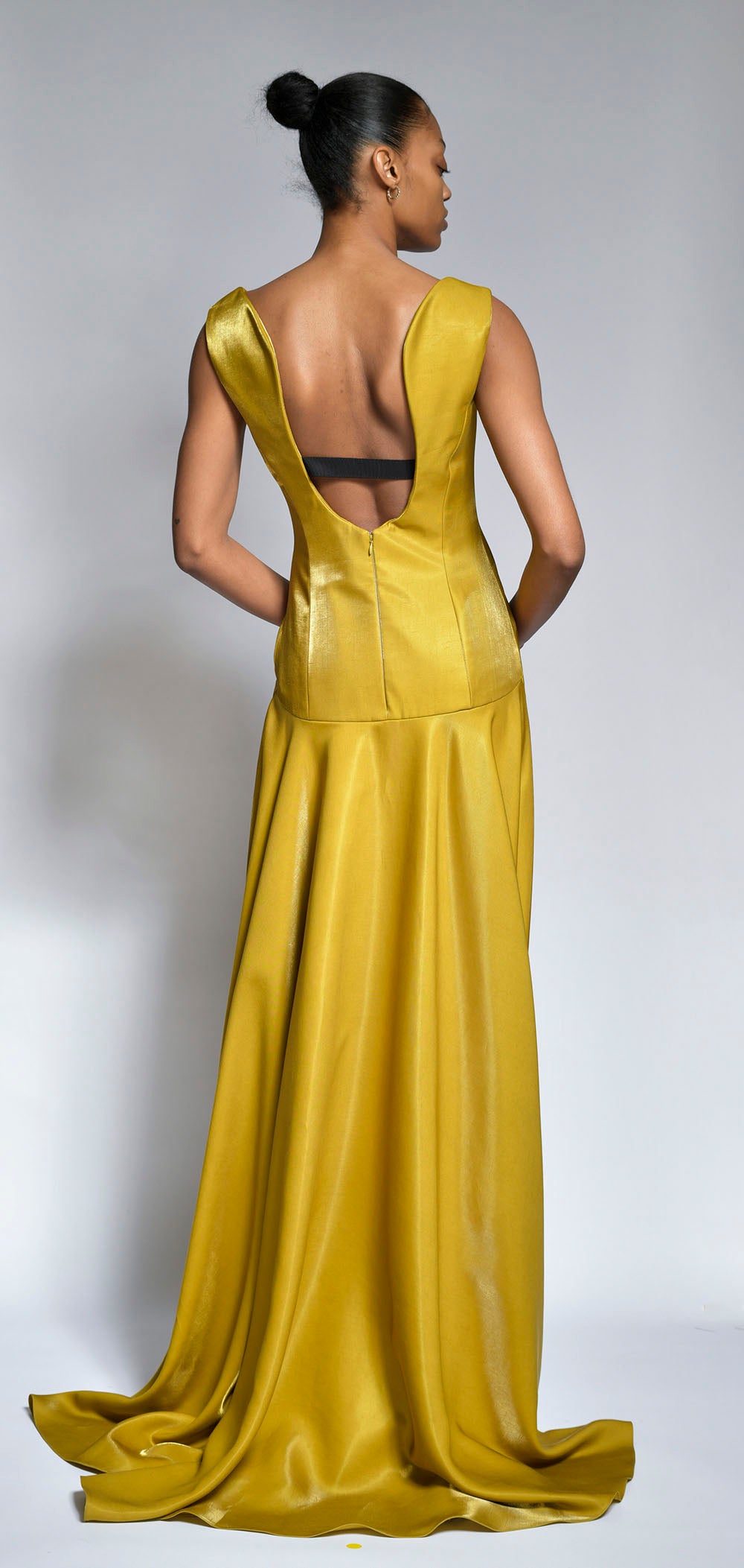 Chartreuse Metal Twill Gown with Open Back Detail