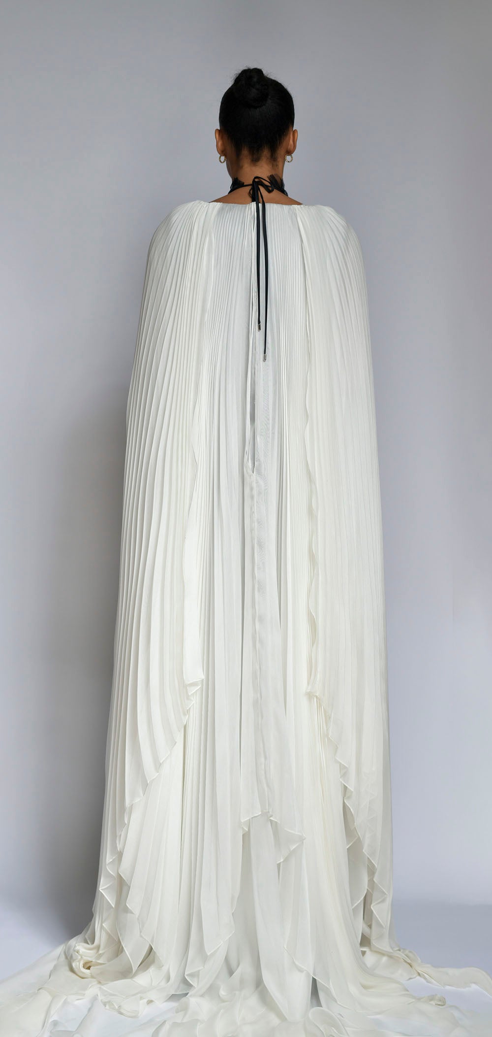Onyx Cady Column Gown with Pleated Satin Chiffon Cape