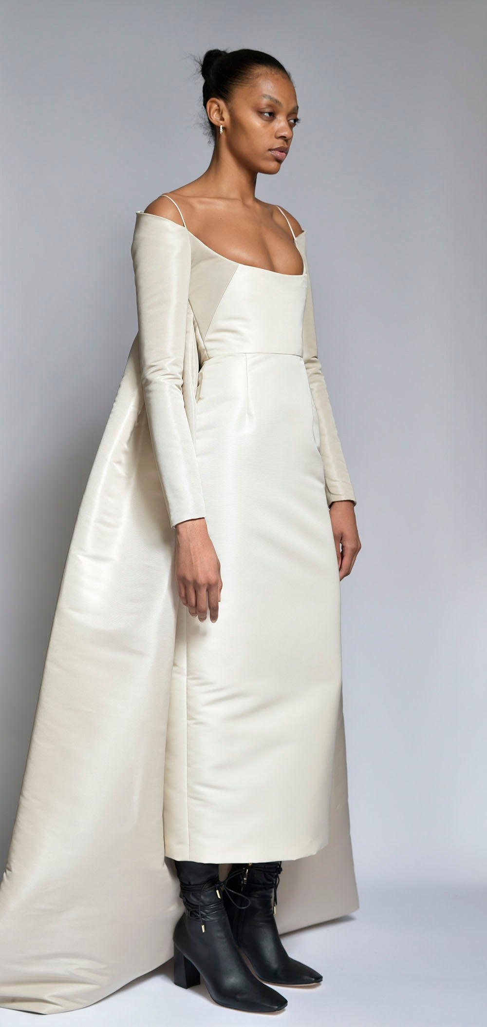 Ivory and Stone Faille Gown with Explosion Cape Drape