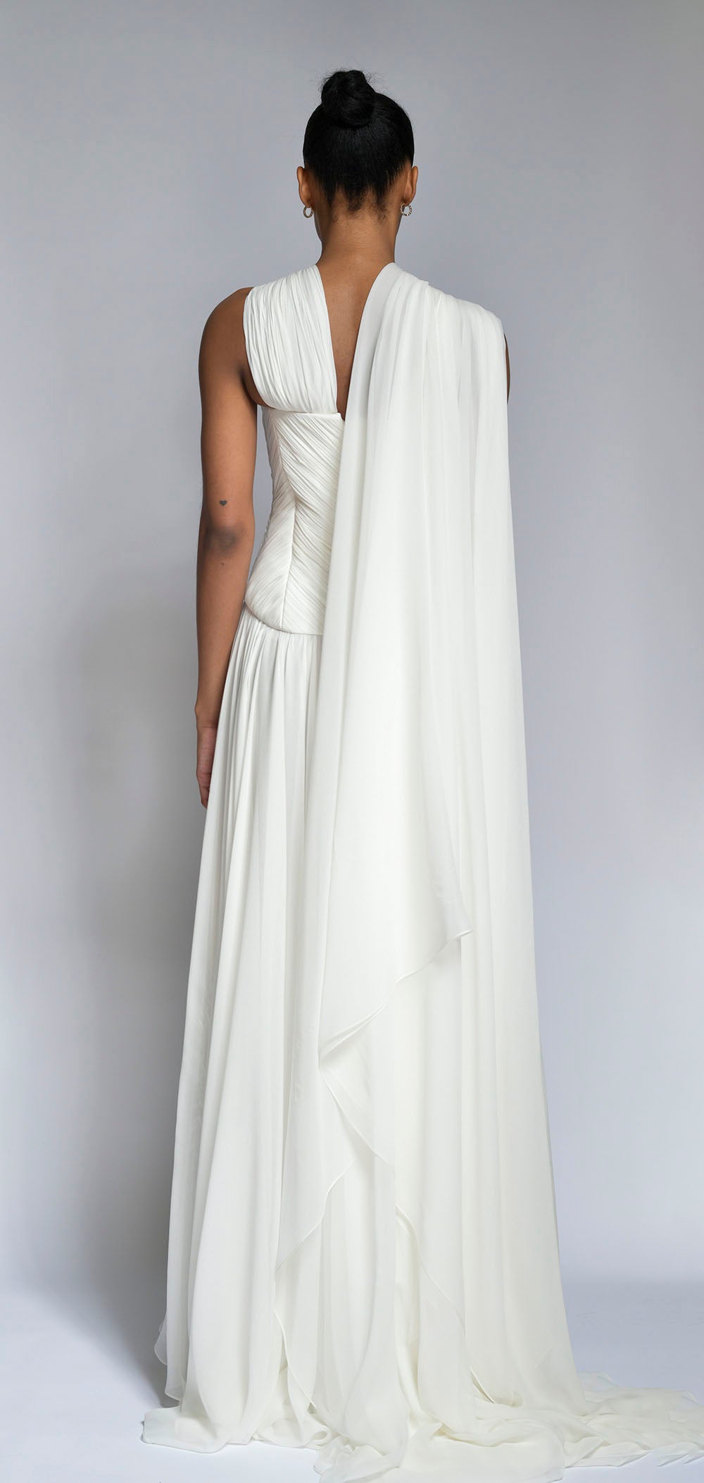Ivory Hand Pleated Silk Chiffon Gown with Winged Cape