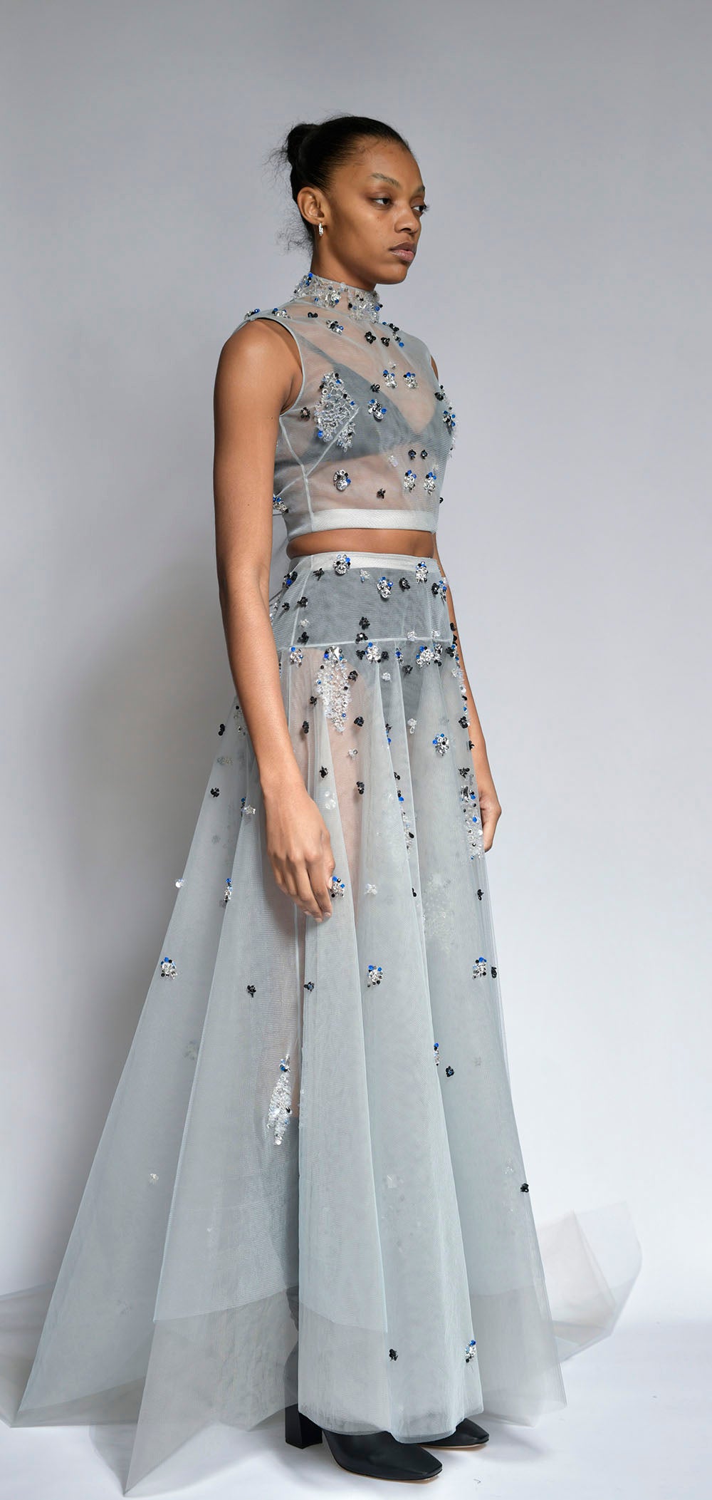 Cloud Comet Embroidered Tulle Lehenga Gown with Bow Detail