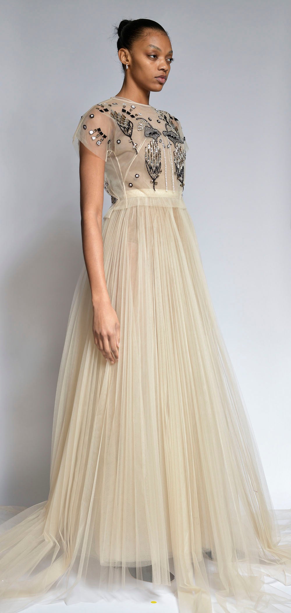 Deco Petal Embroidered Pleated Tulle Gown