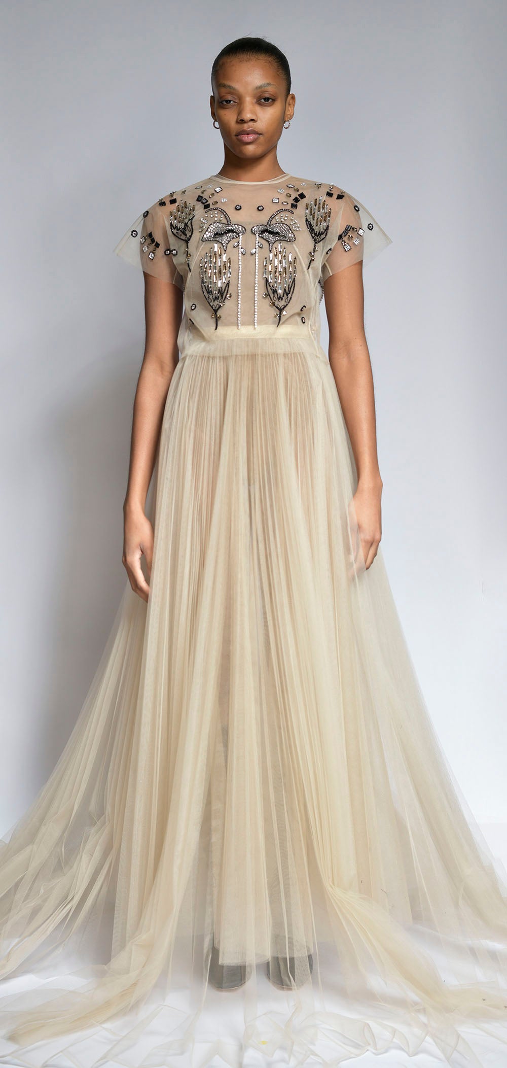 Deco Petal Embroidered Pleated Tulle Gown