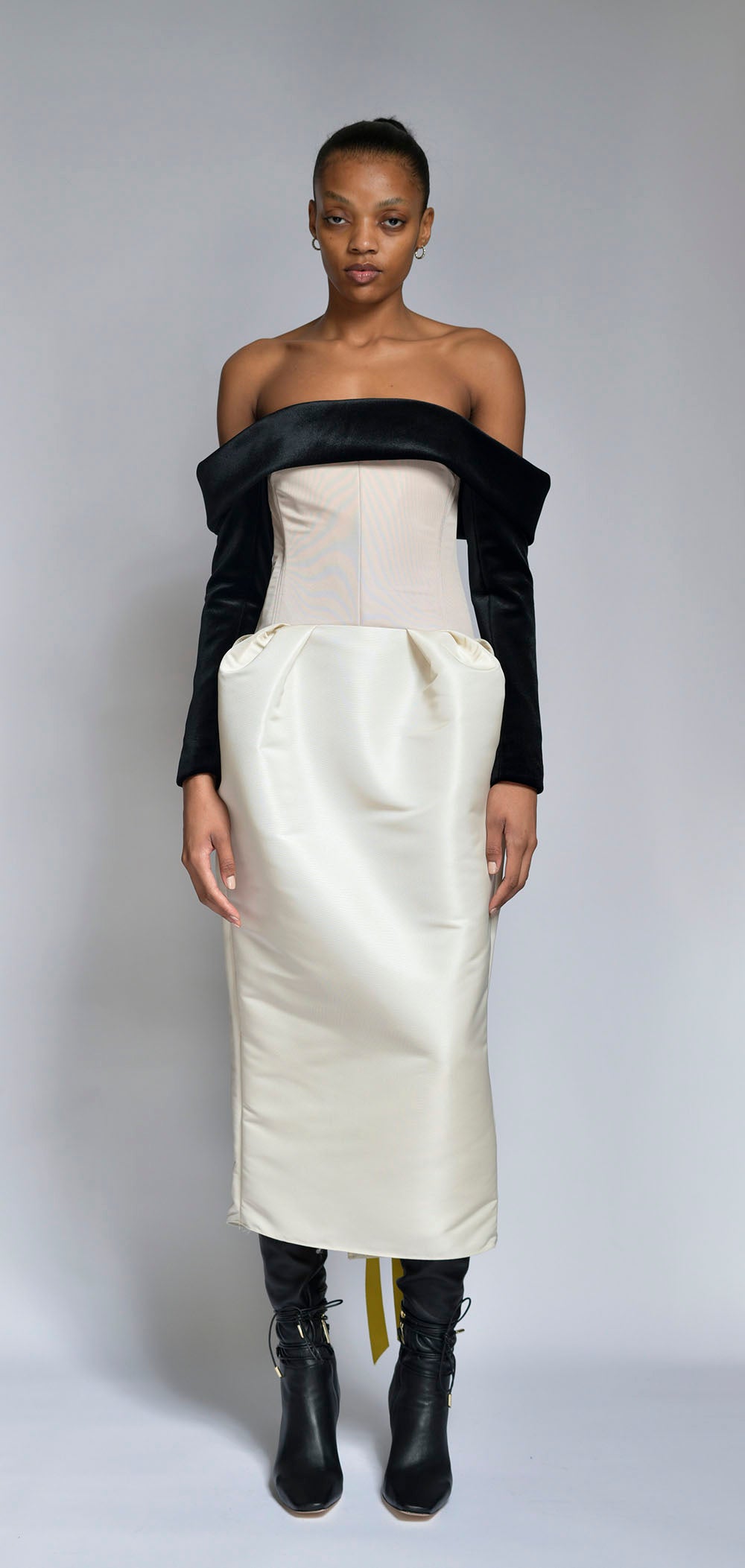 Latte and Ivory Faille Strapless Dress with Onyx Velvet Drape and Sleeves