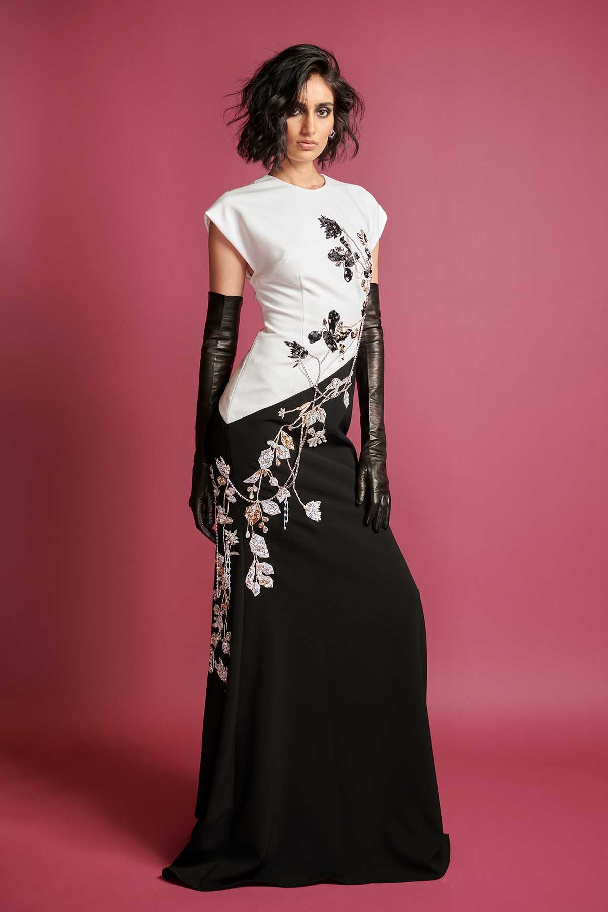 Ivory and Onyx Crepe Gown with Crystal Iris Vine Embroidery