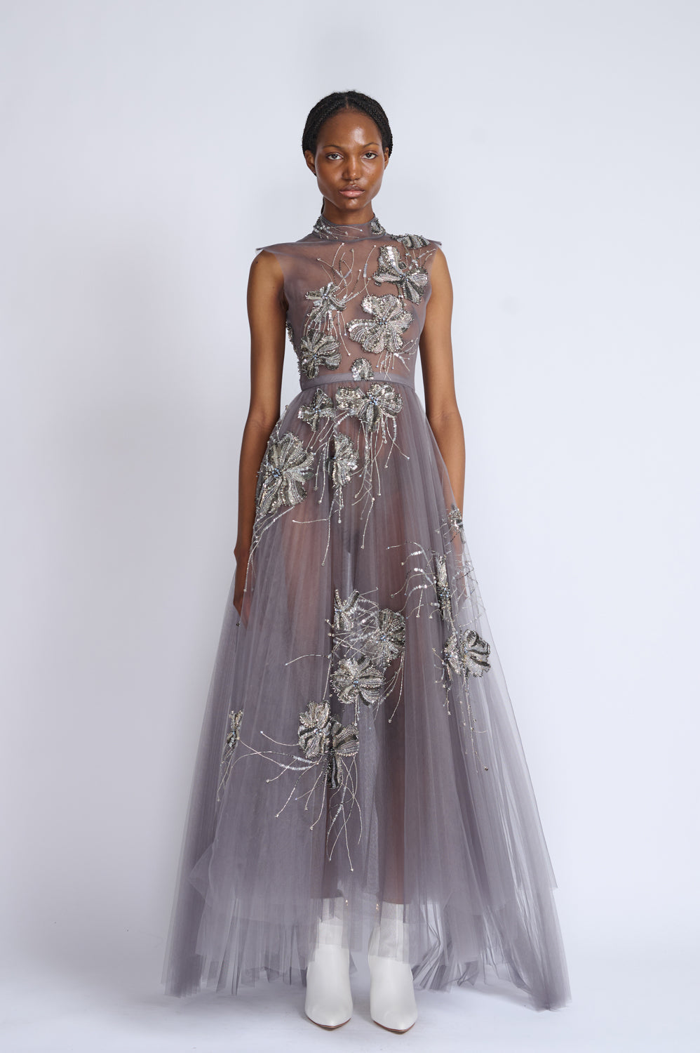Black Diamond Fleur Embroidered Storm Gray Plisse Tulle Dress 1