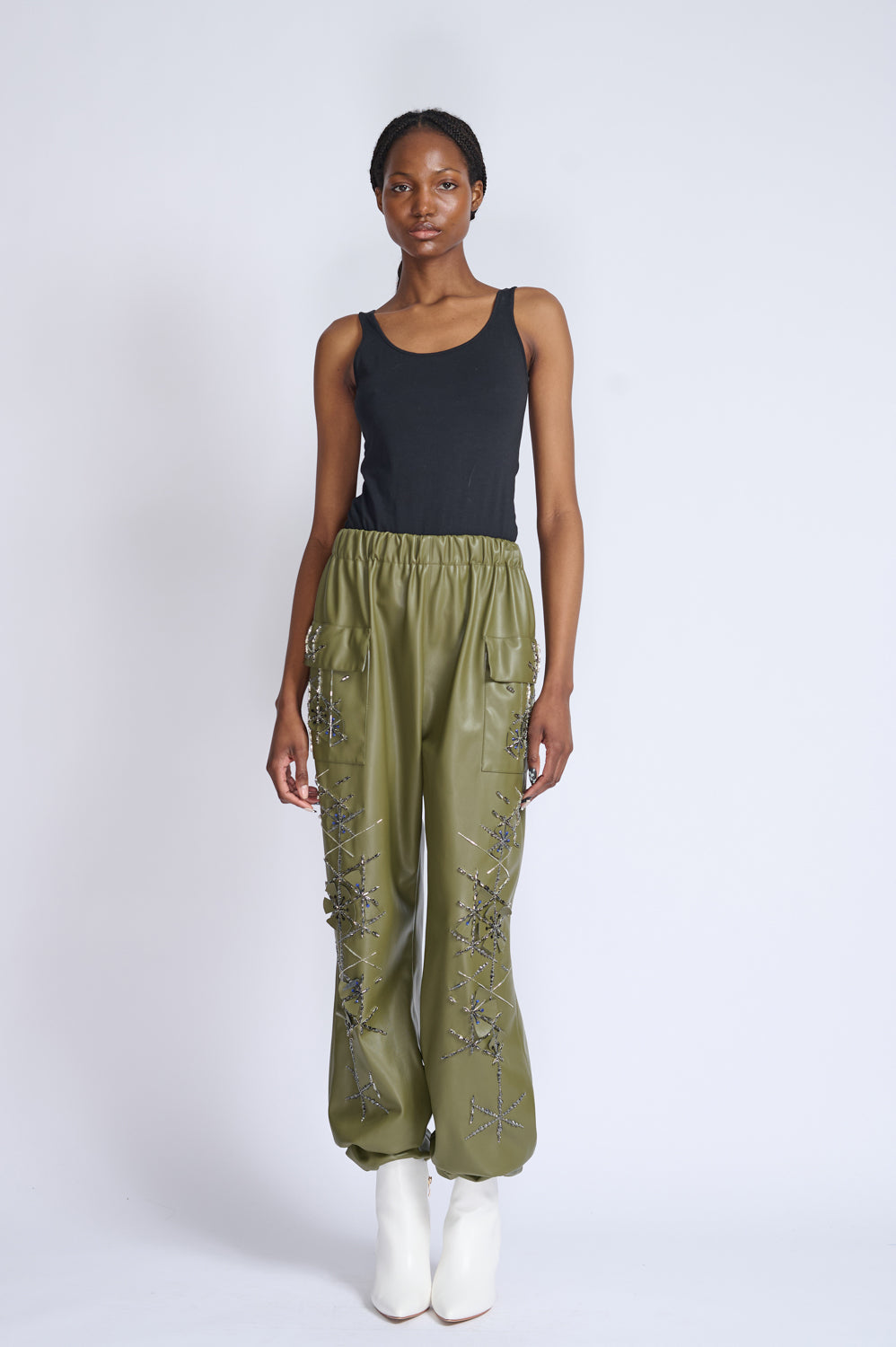 Cactus Vegan Leather Jogger Pants With Crystal Lattice Embroidery 1