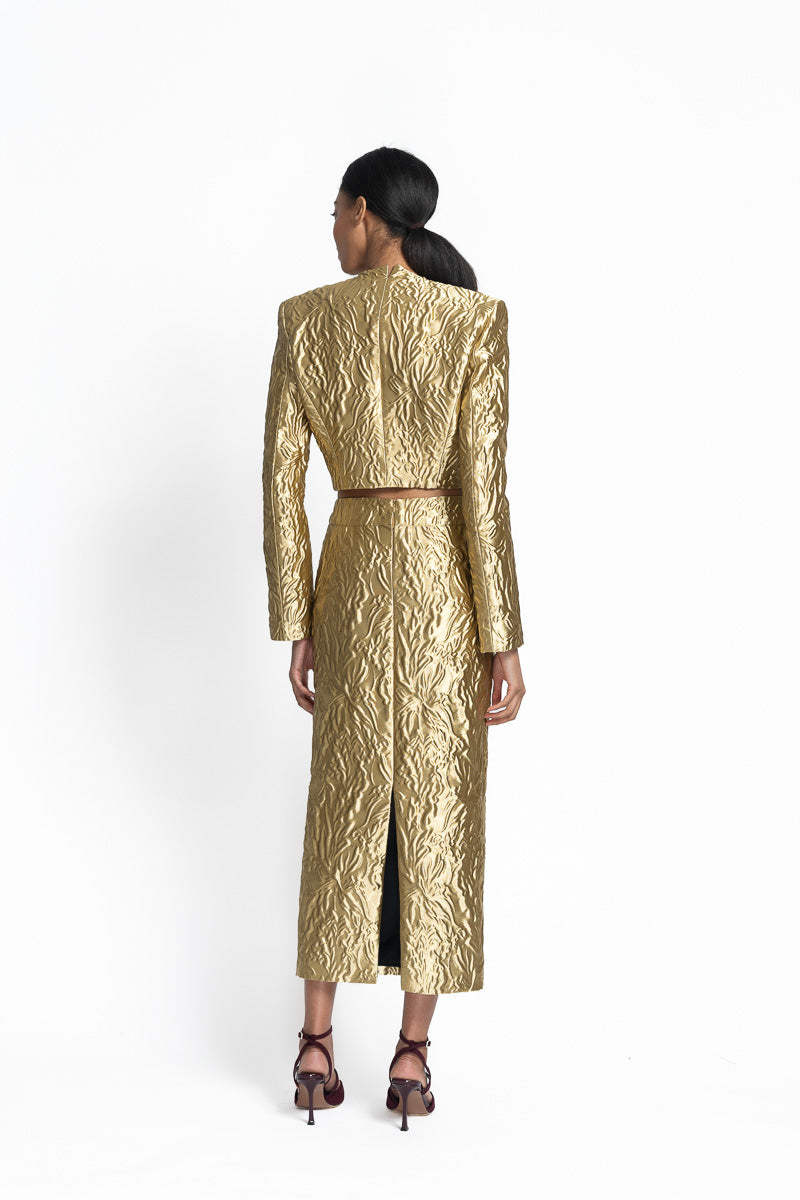 Hema Embossed Gold Jacquard Cropped Blazer Back