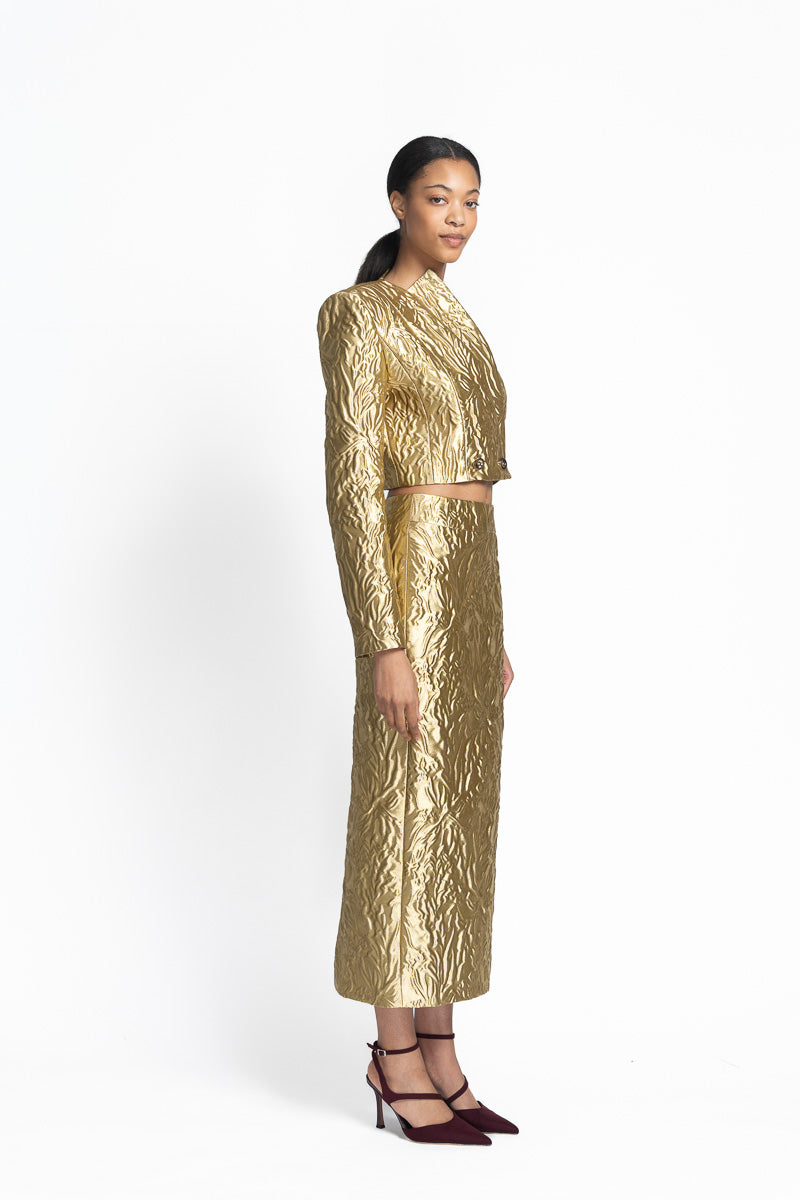 Hema Embossed Gold Jacquard Cropped Blazer Side One