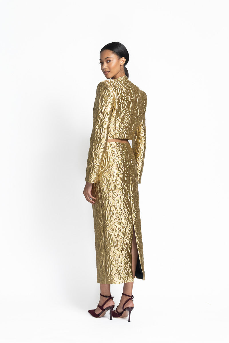 Hema Embossed Gold Jacquard Cropped Blazer