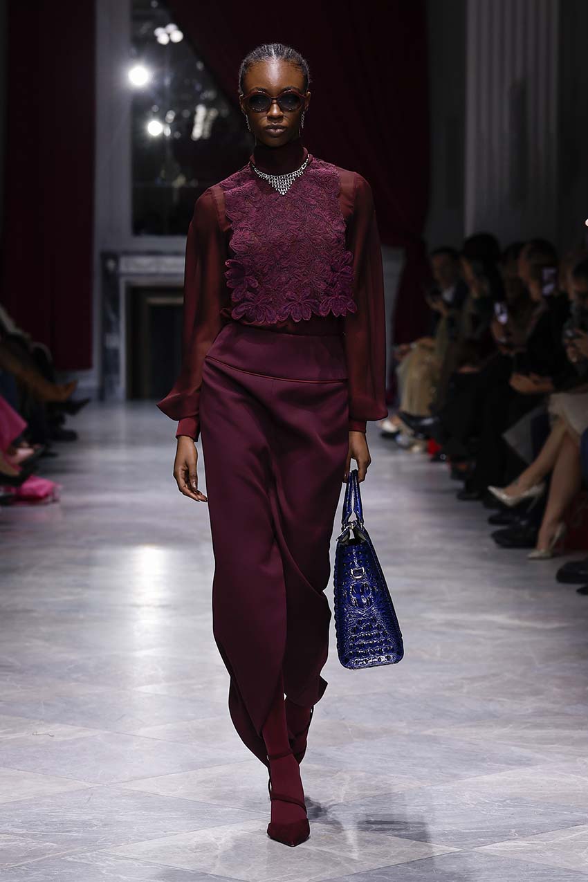 Claret Cady Petal Hem Skirt Front Runway