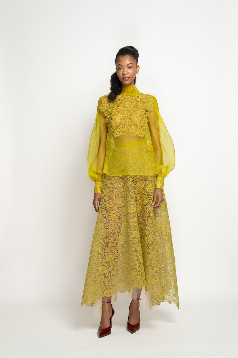 Chartreuse Smita Lace and Silk Organza Blouse 1