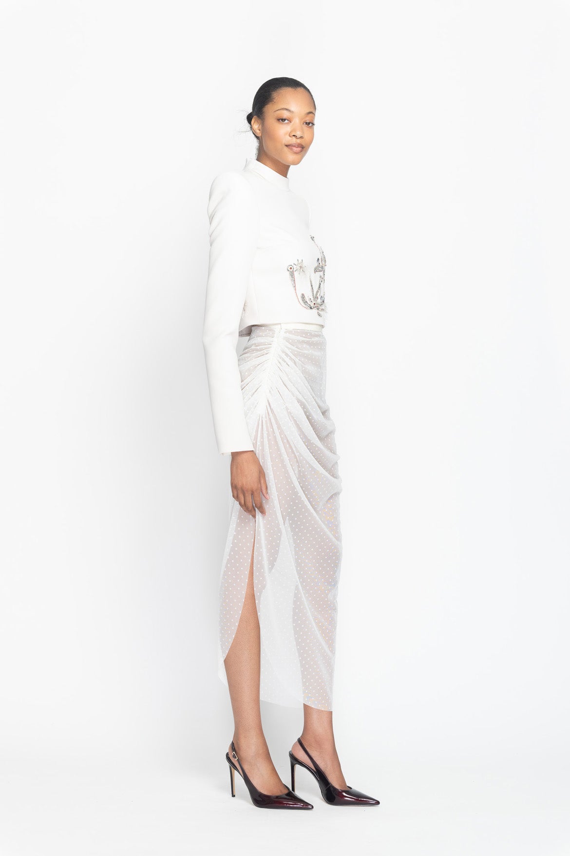 Ivory Asymmetric Draped Point d’Esprit Skirt Side One