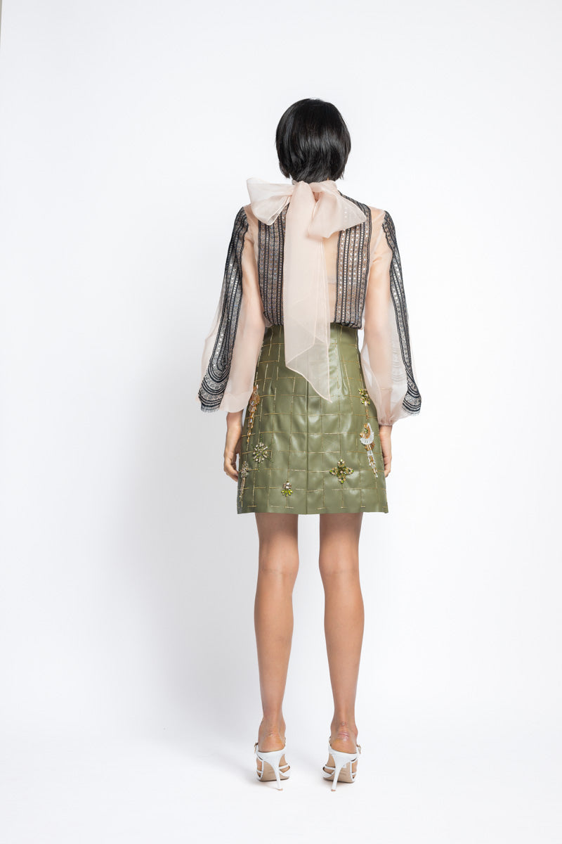 Vegan Leather Crystal Embroidery Mini Skirt With High Waist 5