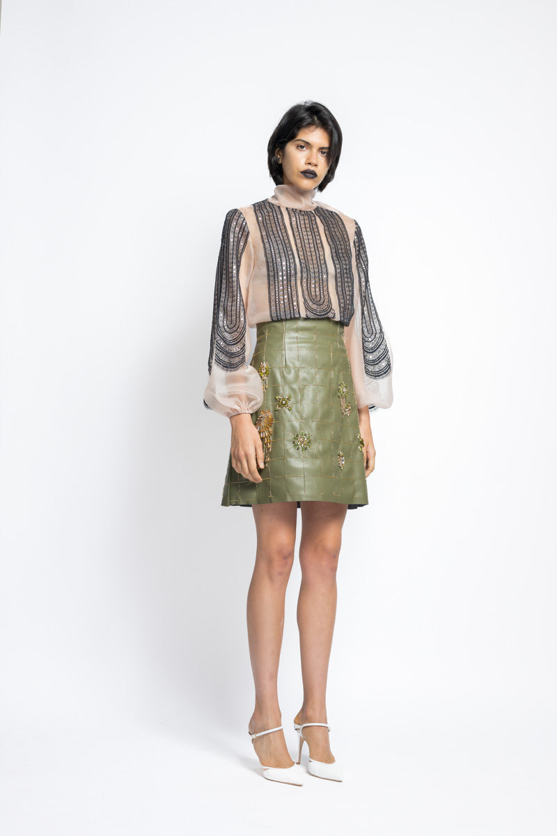 Vegan Leather Crystal Embroidery Mini Skirt With High Waist 3