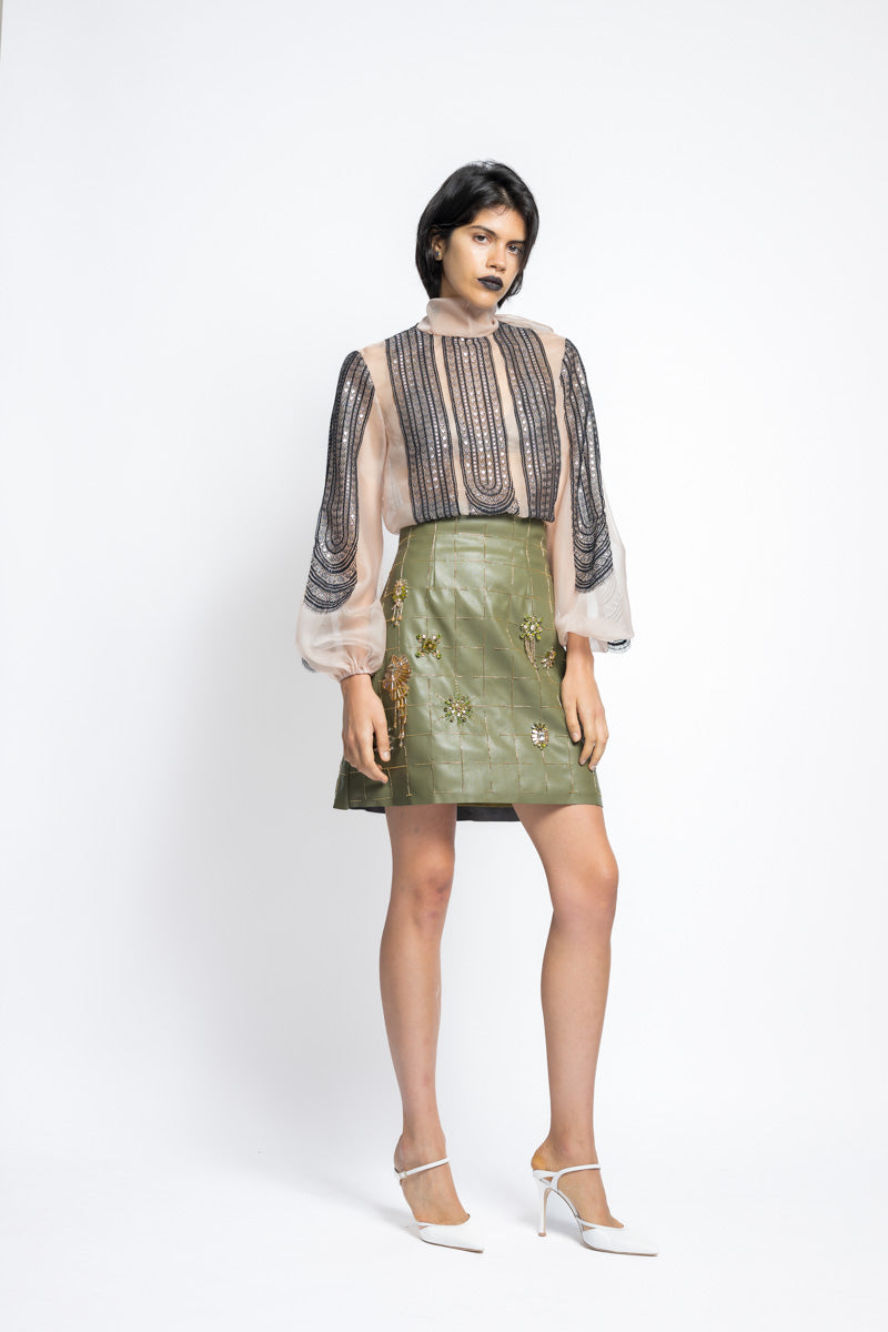 Vegan Leather Crystal Embroidery Mini Skirt With High Waist 4