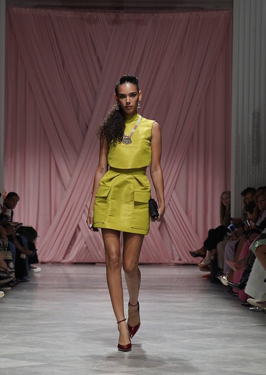 Chartreuse Faille Cargo Mini Skirt 1