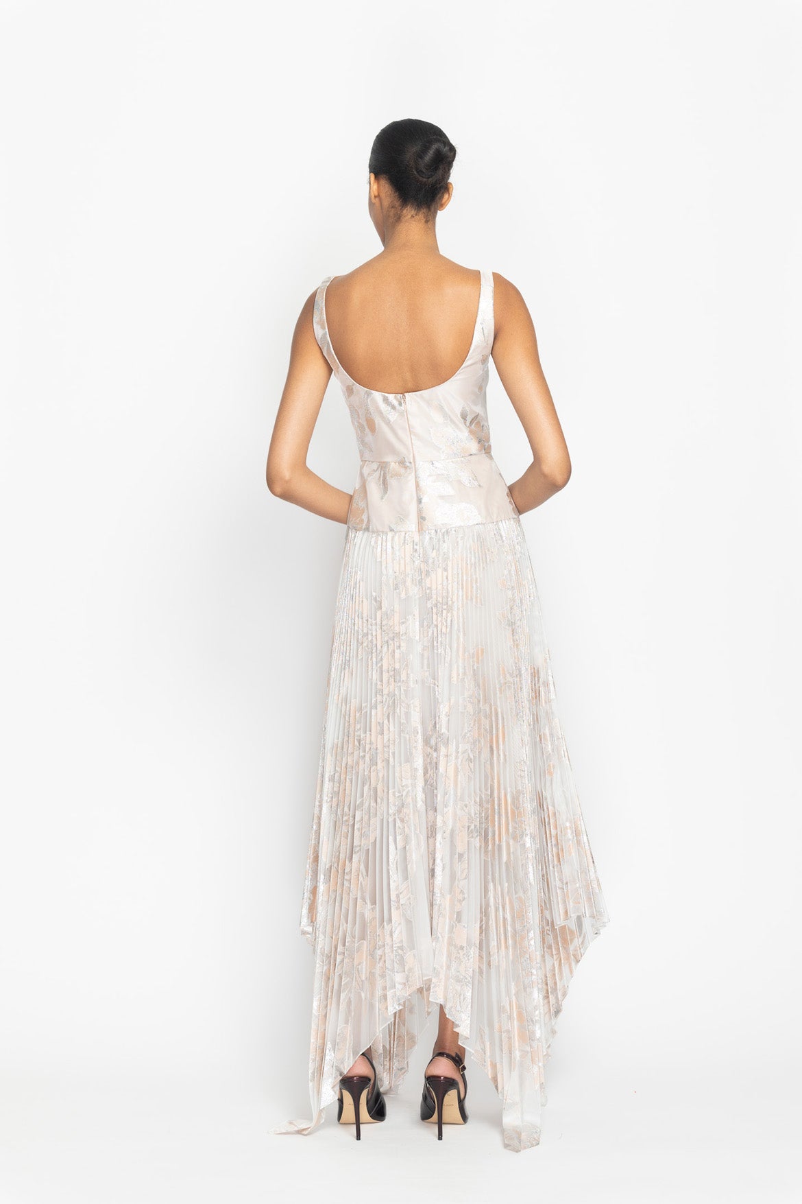 Botanical Organza Jacquard Dress with Pleated Skirt and Asymmetrical Hem Back
