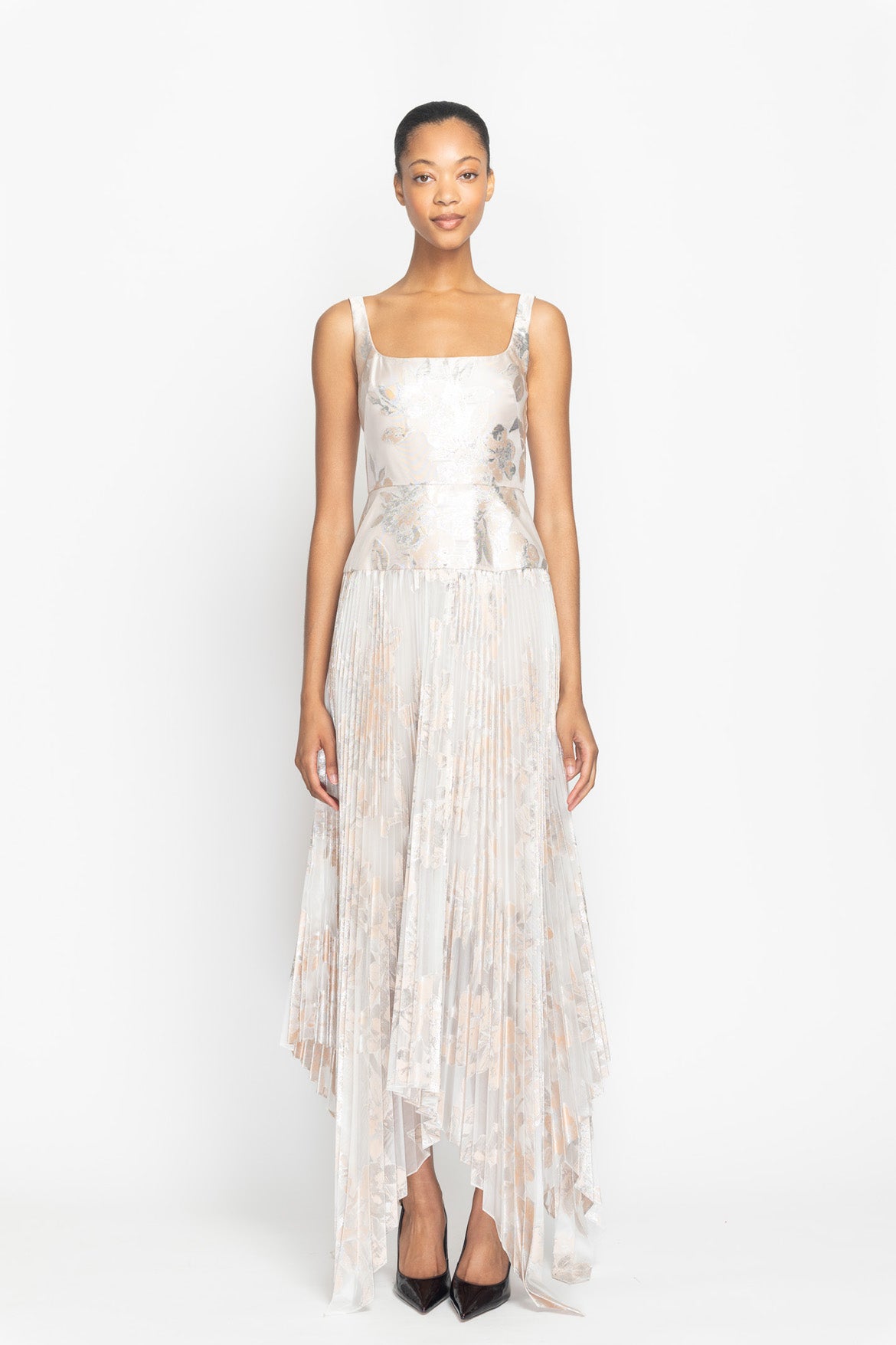 Botanical Organza Jacquard Dress with Pleated Skirt and Asymmetrical Hem Front