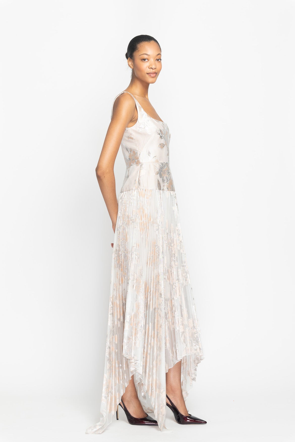 Botanical Organza Jacquard Dress with Pleated Skirt and Asymmetrical Hem Side One
