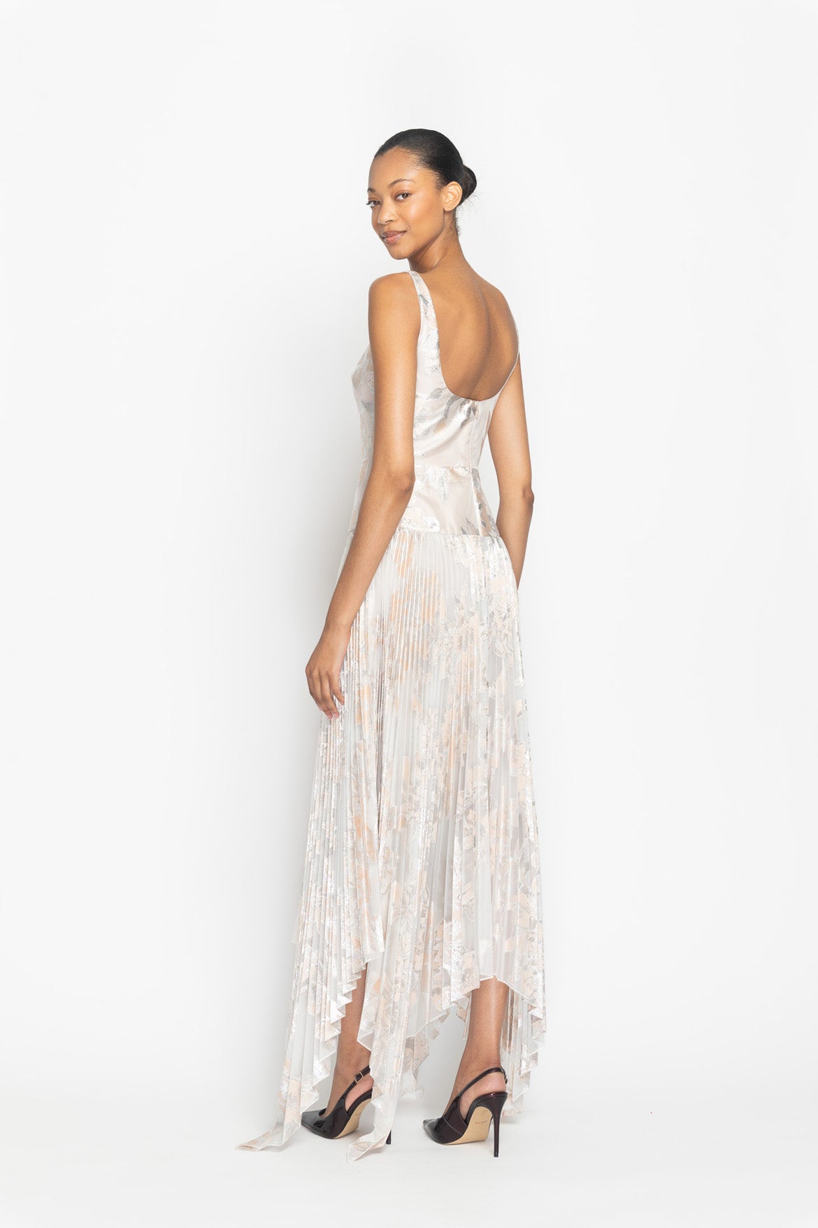 Botanical Organza Jacquard Dress with Pleated Skirt and Asymmetrical Hem Side Two