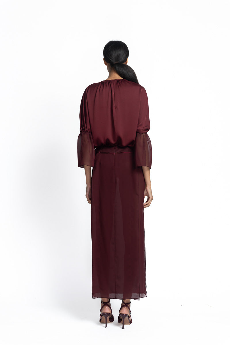 Claret Sheer Crepe Skirt with Panels Back