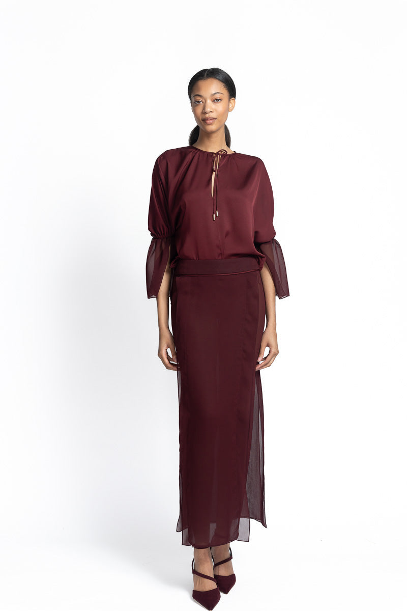 Claret Sheer Crepe Skirt with Panels Front