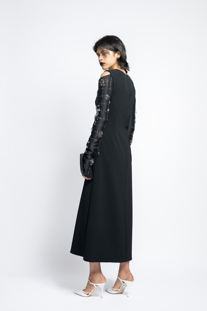 Crepe Cocktail Tunic Dress With Morning Glory Crystal Embroidery Gazar Sleeves 5