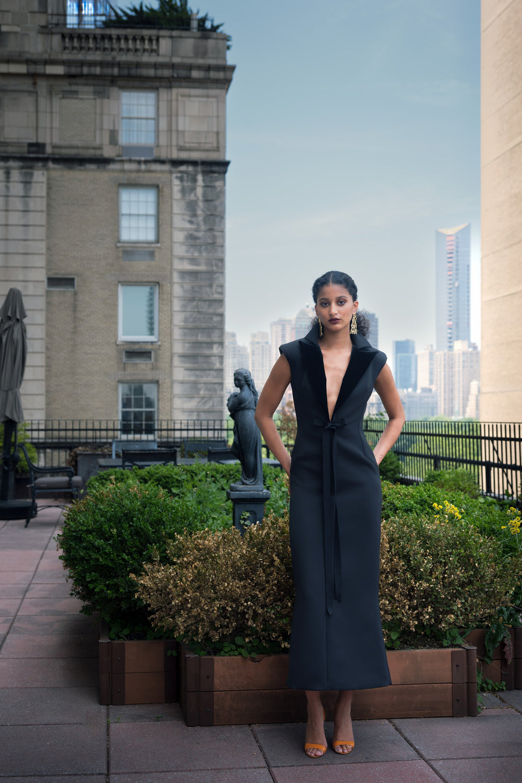 blue tuxedo dress Navy Cady with Velvet Lapel and Bow Detail formal tuxedo dress