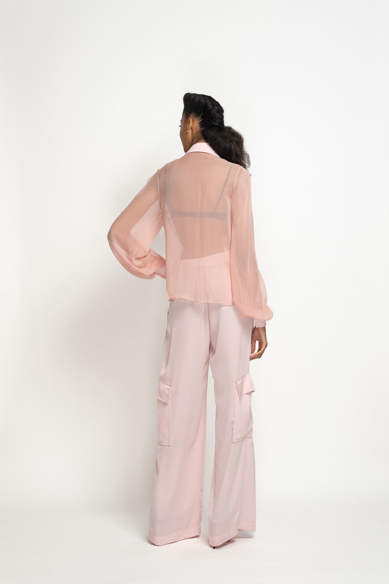Blossom Pink Satin Crepe Tux-Blouse with Scarf 5