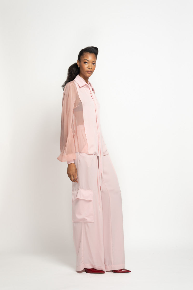 Blossom Pink Satin Crepe Tux-Blouse with Scarf 3