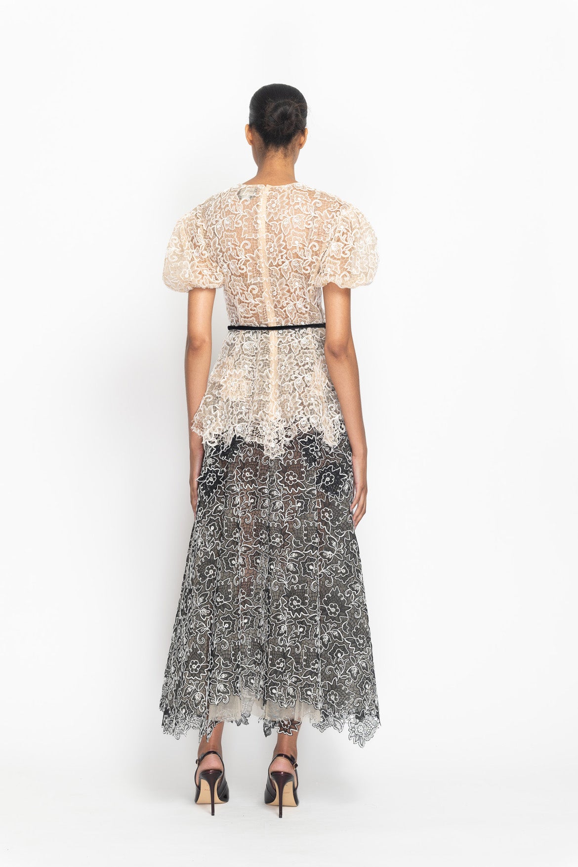 Light Sand V-Neck Belle Fleur Lace Top with Puff Sleeves Back