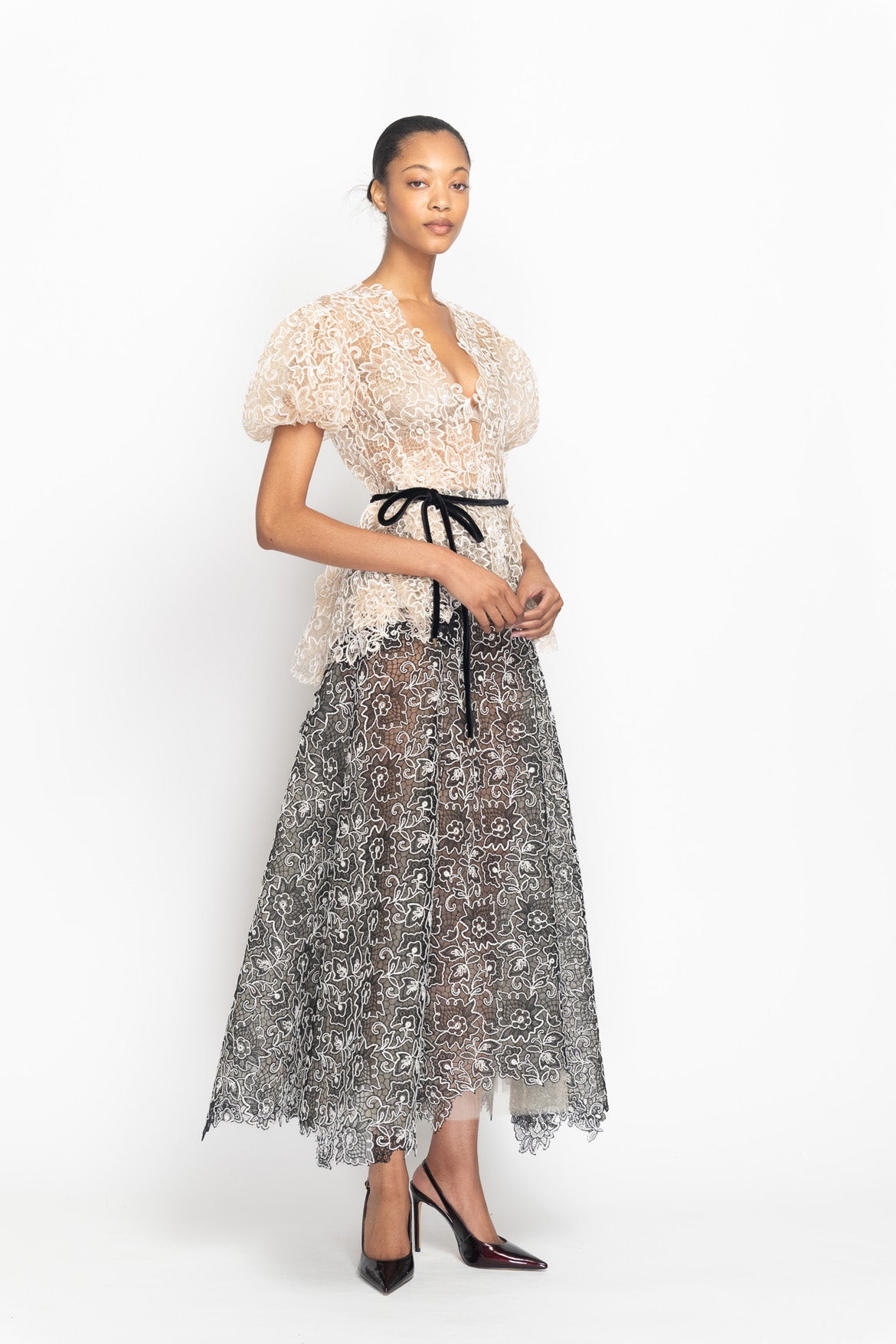 Light Sand V-Neck Belle Fleur Lace Top with Puff Sleeves Side One