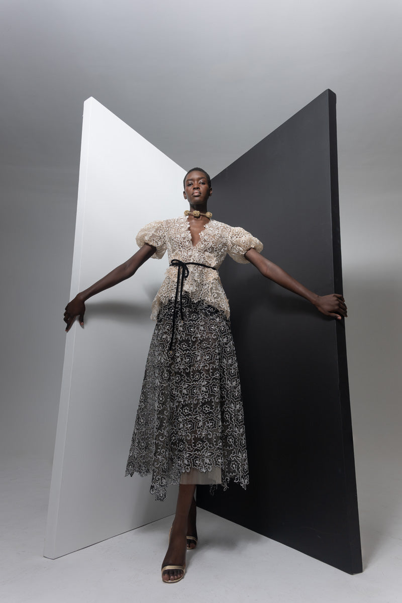 Light Sand V-Neck Belle Fleur Lace Top with Puff Sleeves Front Runway