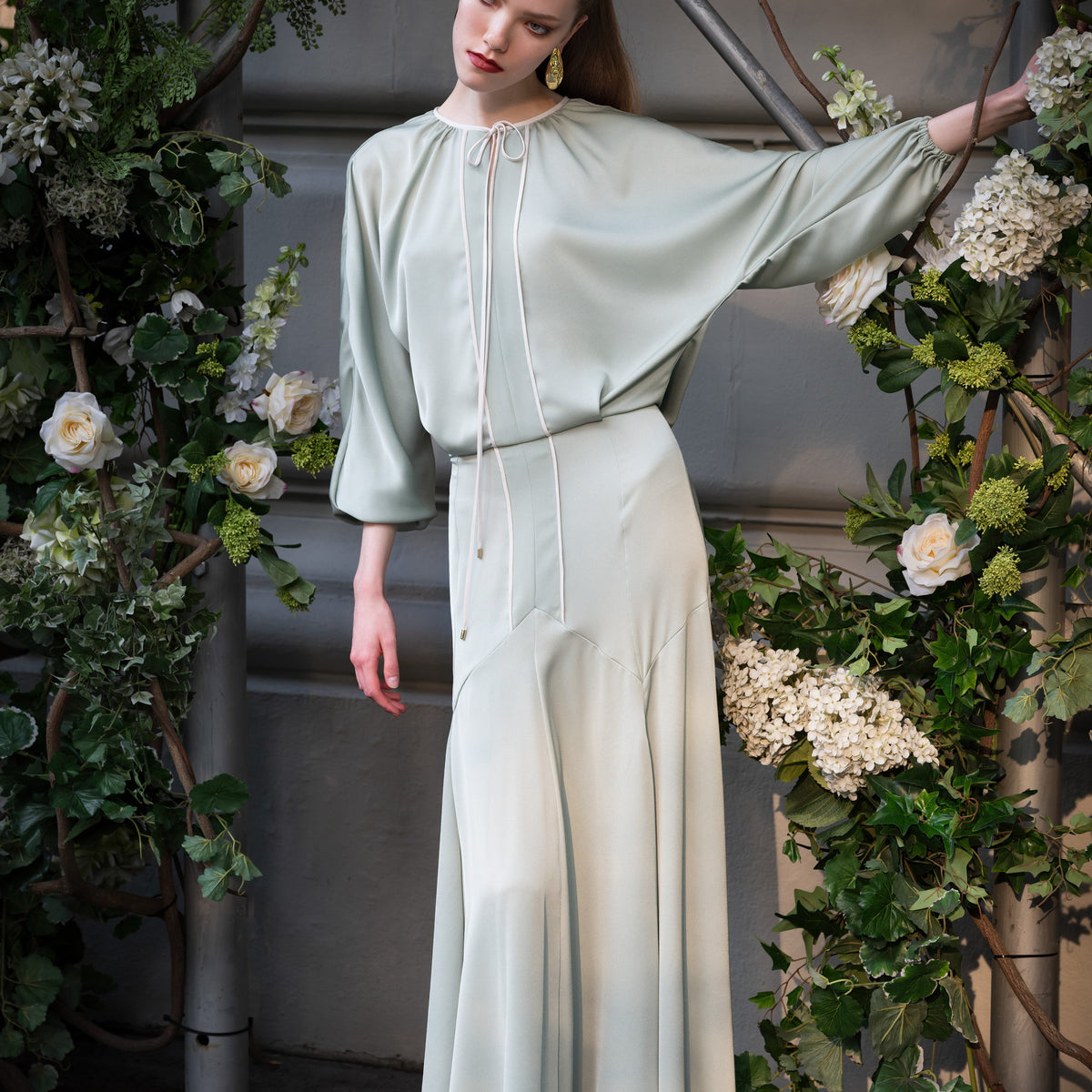 Seafoam Green Satin Crepe Dress with Kimono Sleeves and Contrast Pipin Seafoam Green Satin Crepe Dress with Kimono Sleeves and Contrast Pipin