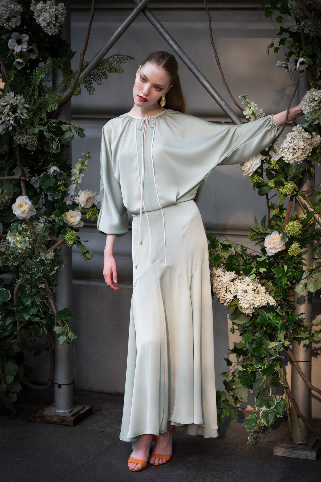 Seafoam Green Satin Crepe Dress with Kimono Sleeves and Contrast Pipin