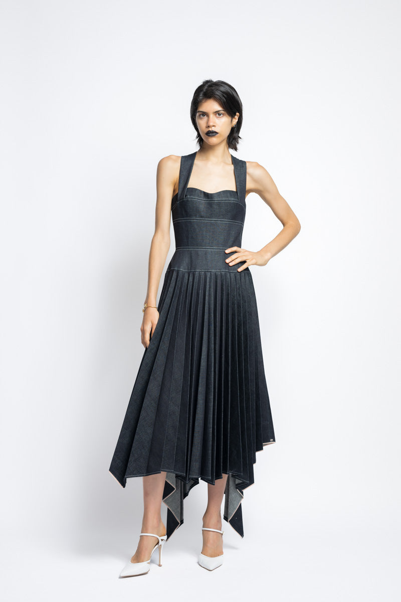 Supima Pleated Denim Dress With Sculpted Bodice 3