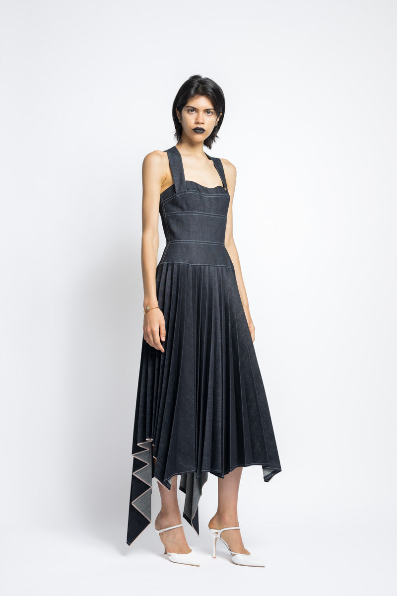 Supima Pleated Denim Dress With Sculpted Bodice 4