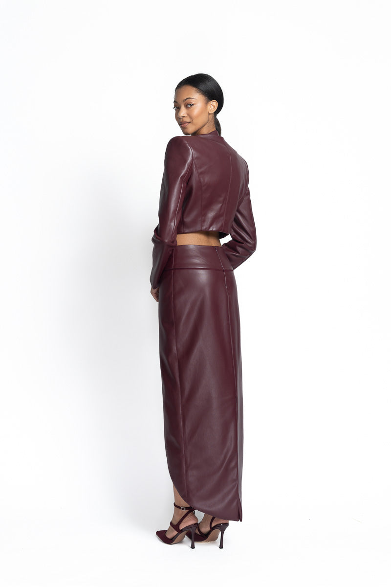 Claret Vegan Leather Cropped Blazer Side Two